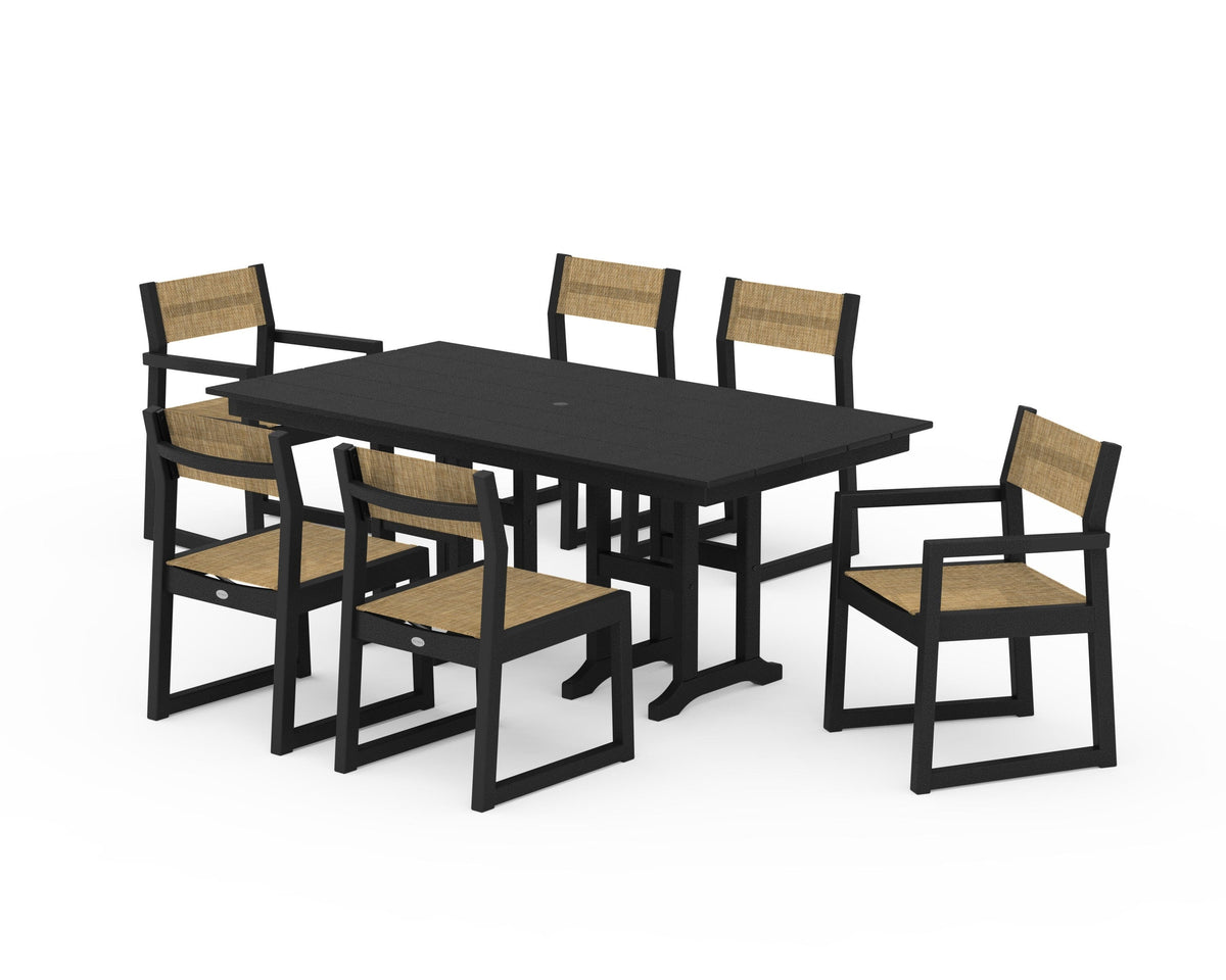 POLYWOOD EDGE Sling 7-Piece Farmhouse Dining Set in Black / Burlap