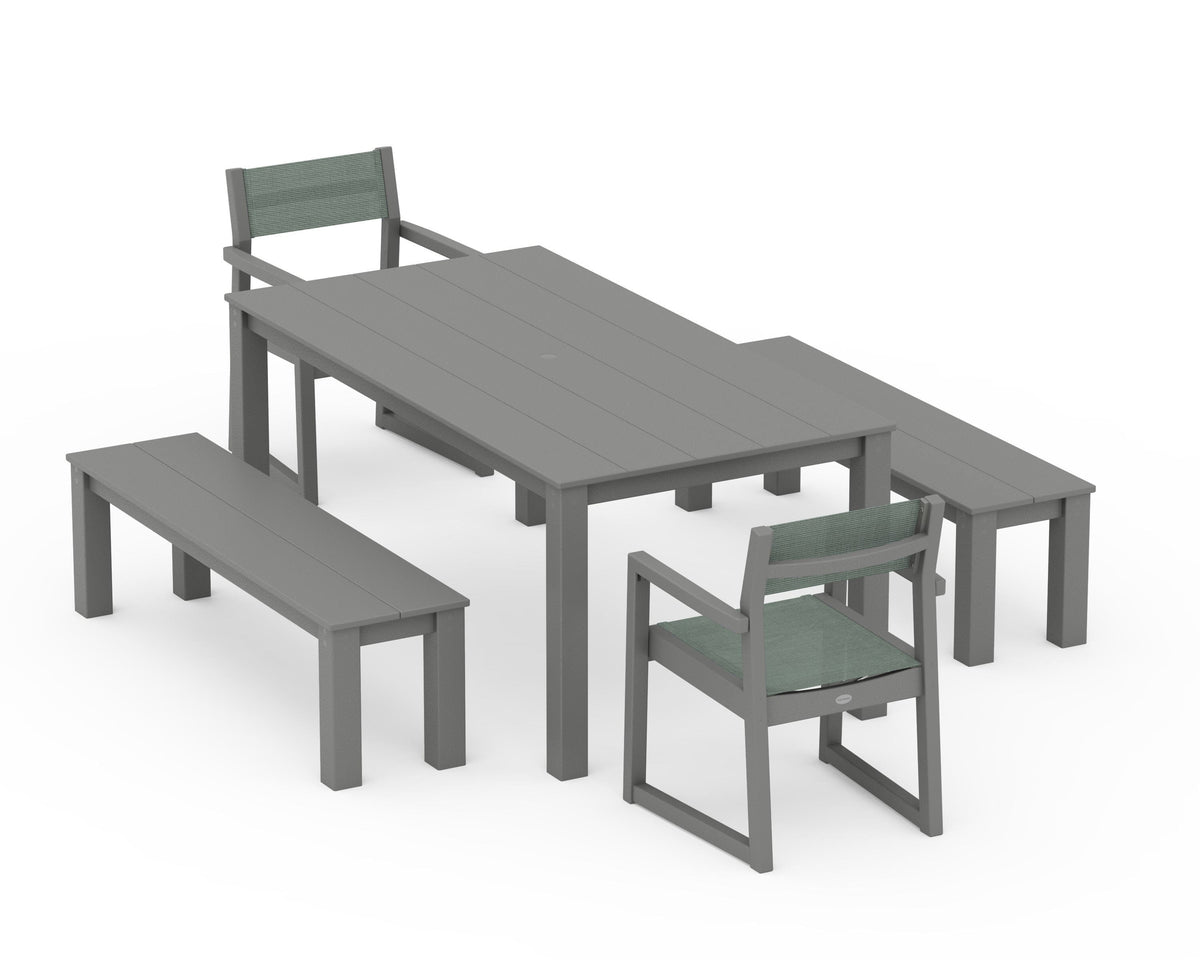 POLYWOOD EDGE Sling Arm Chair 5-Piece Parsons Dining Set with Benches in Slate Grey / Dupioni Sea Mist