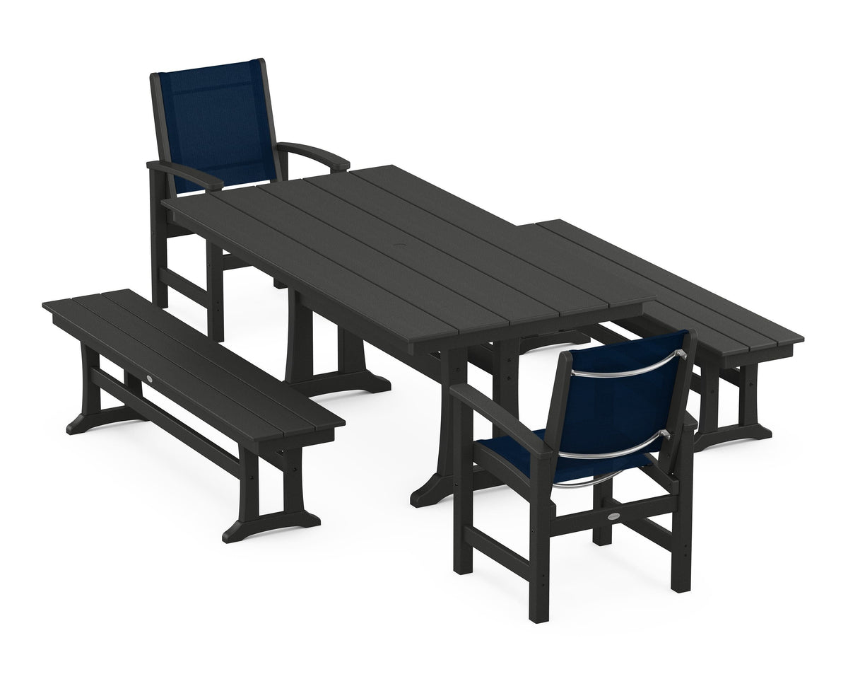 POLYWOOD Coastal 5-Piece Farmhouse Dining Set with Trestle Legs and Benches in Black / Navy Blue