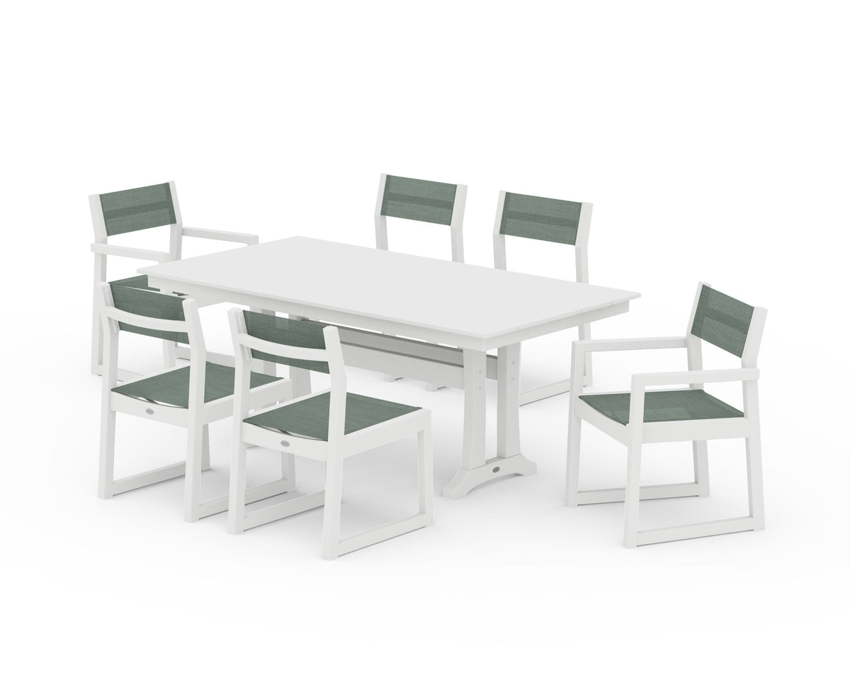 POLYWOOD EDGE Sling 7-Piece Farmhouse Trestle Dining Set in White / Dupioni Sea Mist
