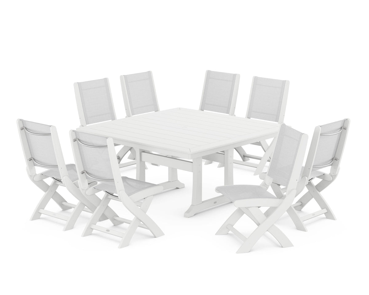 POLYWOOD Coastal Folding Side Chair 9-Piece Dining Set with Trestle Legs in White / White