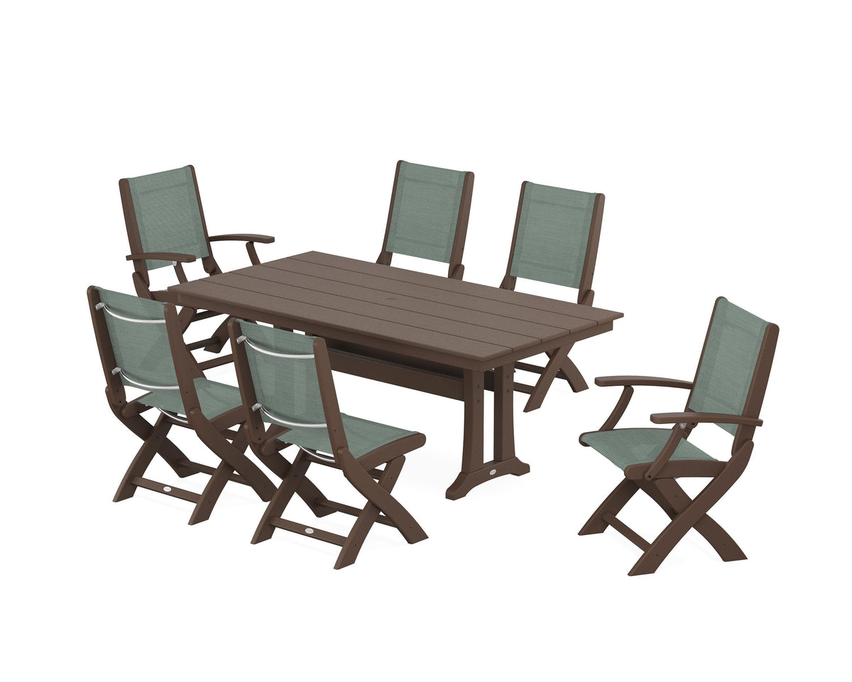 POLYWOOD Coastal Folding Chair 7-Piece Farmhouse Dining Set with Trestle Legs in Mahogany / Dupioni Sea Mist