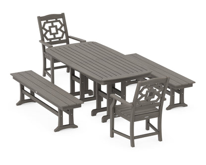 POLYWOOD Chinoiserie 5-Piece Dining Set with Benches in Driftwood