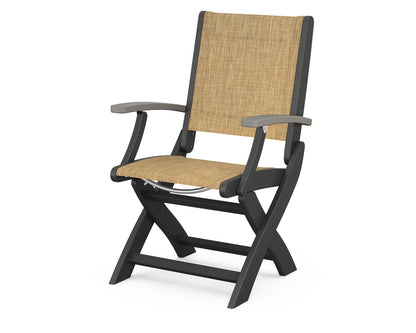 POLYWOOD Coastal Folding Chair in Black with Driftwood arms and Burlap sling