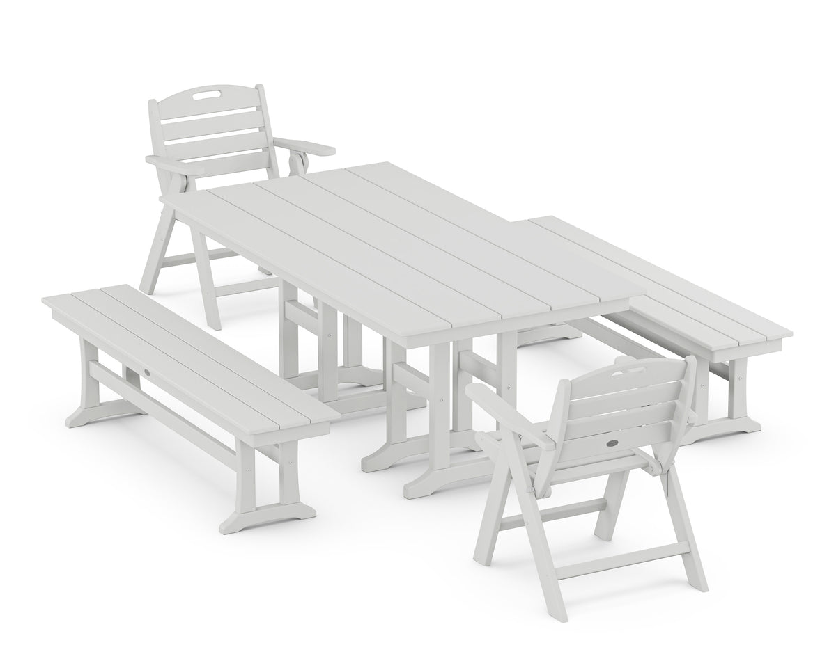POLYWOOD Nautical Lowback 5-Piece Farmhouse Dining Set with Benches in White