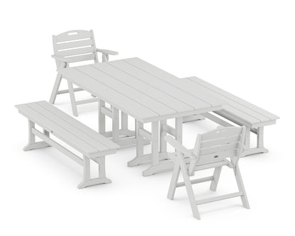 POLYWOOD Nautical Lowback 5-Piece Farmhouse Dining Set with Benches in White