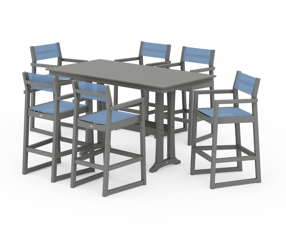 POLYWOOD EDGE Sling Arm Chair 7-Piece Farmhouse Bar Set with Trestle Legs in Slate Grey / Poolside