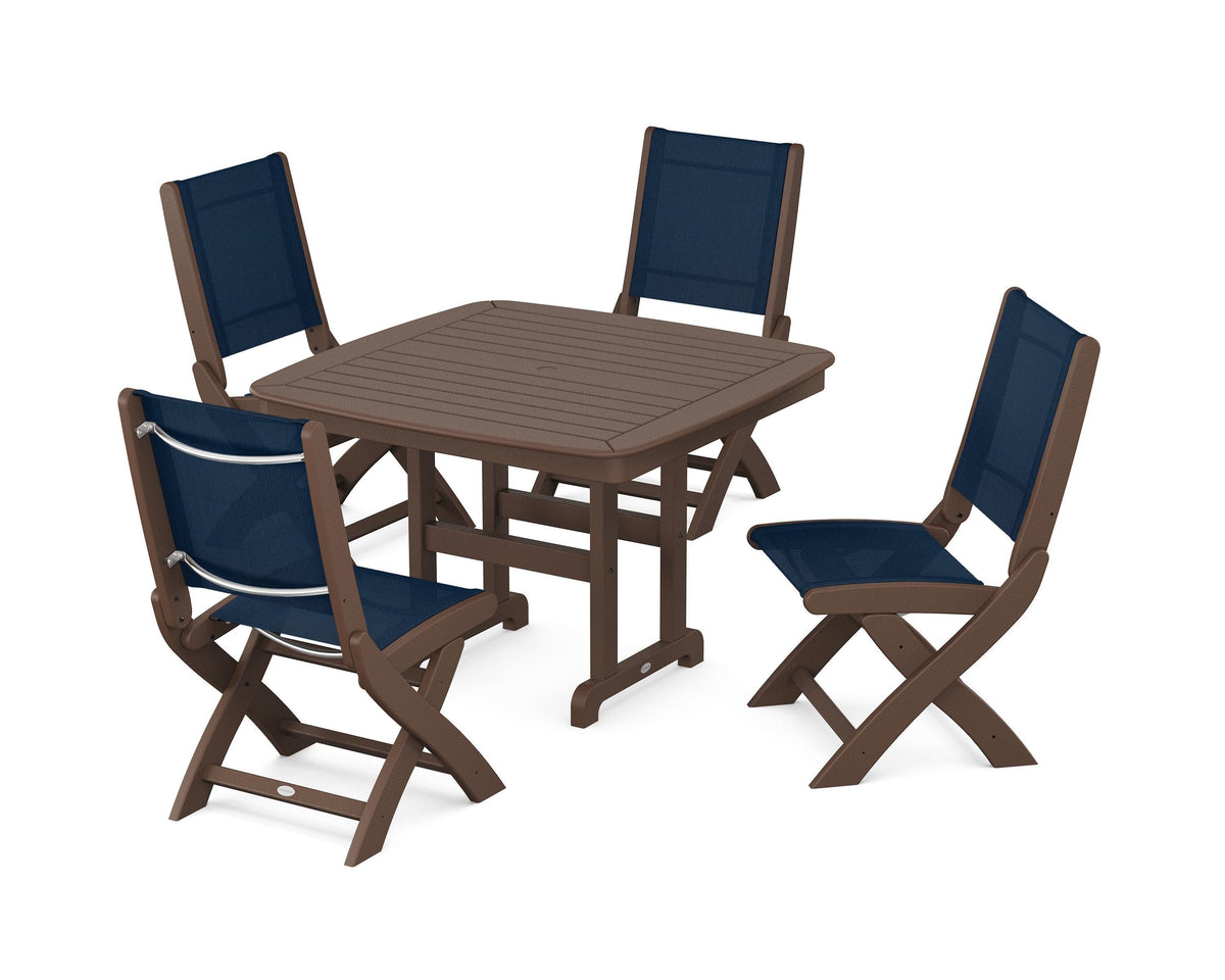 POLYWOOD Coastal Folding Side Chair 5-Piece Dining Set with Nautical 44" Dining Table in Mahogany / Navy Blue