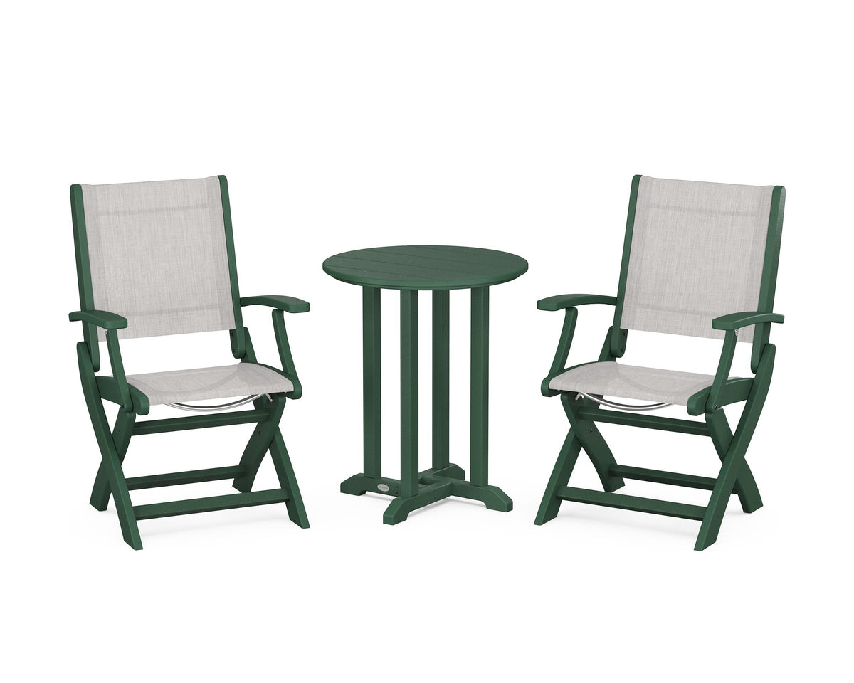 POLYWOOD Coastal Folding 3-Piece Round Bistro Dining Set in Green / Parchment