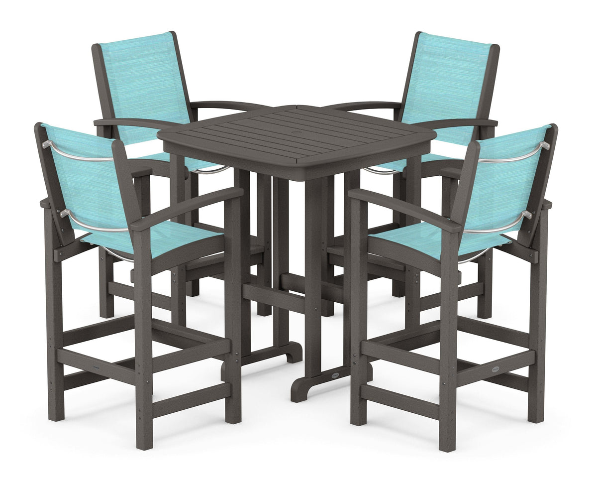 POLYWOOD Coastal 5-Piece Bar Set in Vintage Coffee / Dupioni Aquamarine