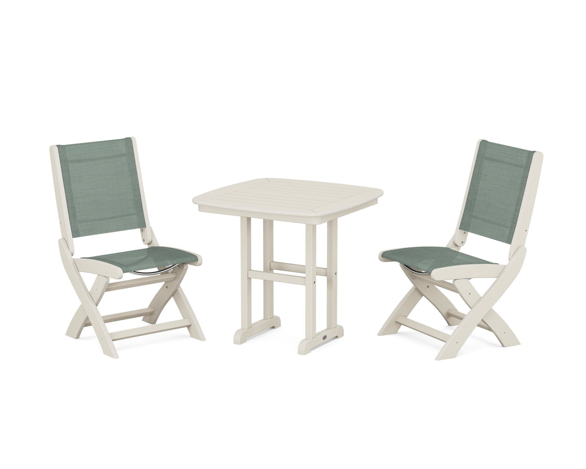 POLYWOOD Coastal Folding Side Chair 3-Piece Dining Set in Sand / Dupioni Sea Mist