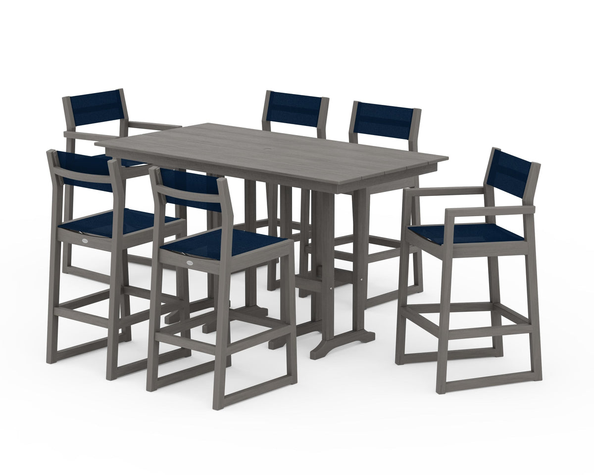 POLYWOOD EDGE Sling 7-Piece Farmhouse Bar Set in Driftwood / Navy Blue