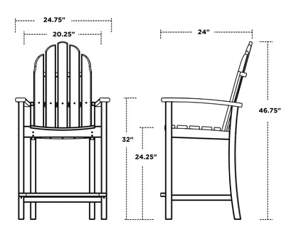 POLYWOOD Classic Adirondack Counter Chair dimension drawing with width, depth and height measurements