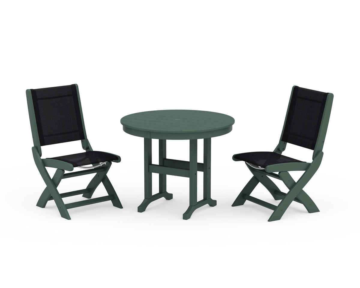 POLYWOOD Coastal Folding Side Chair 3-Piece Round Dining Set in Green / Black