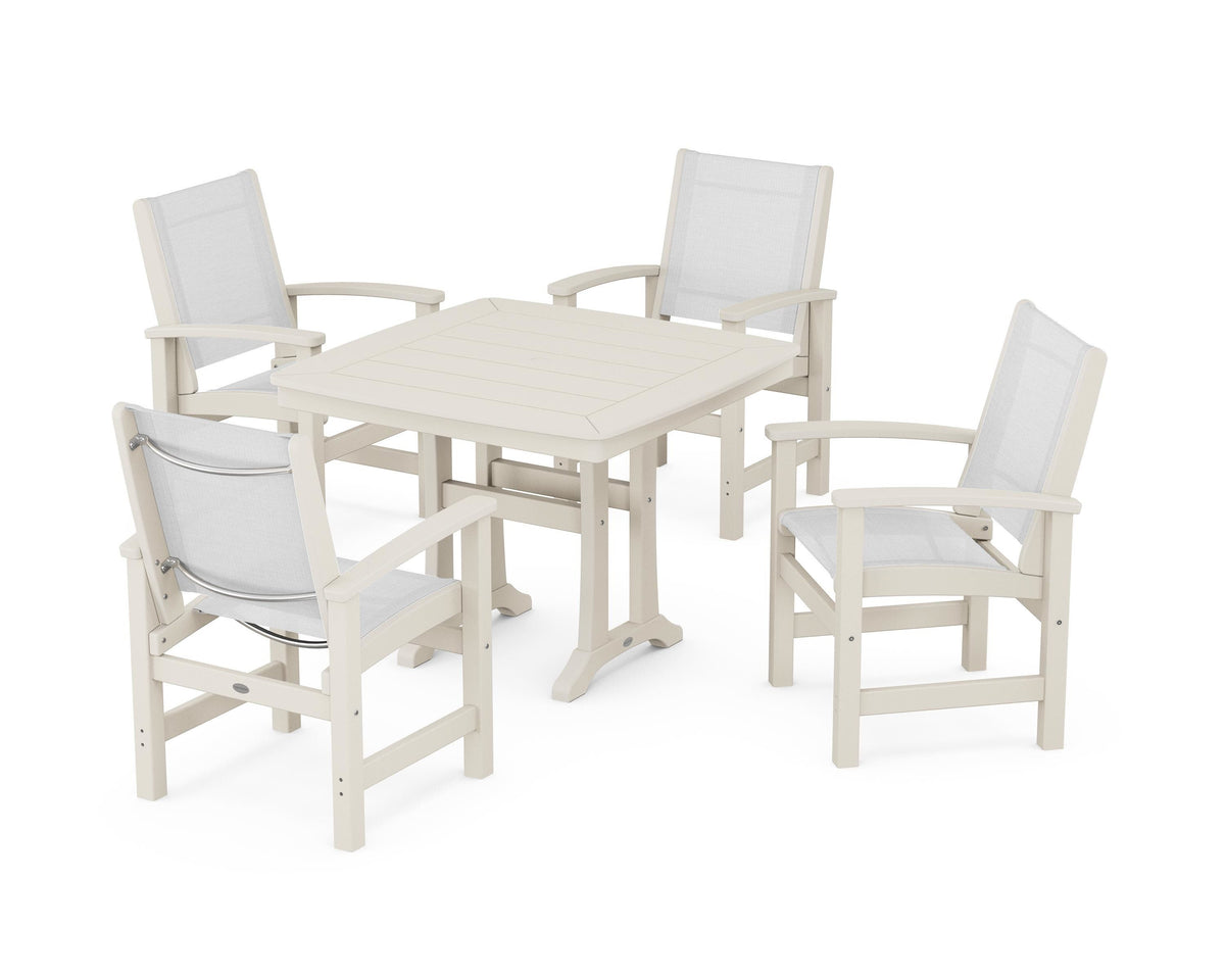 POLYWOOD Coastal 5-Piece Dining Set with Trestle Legs with Nautical Trestle 37" Dining Table in Sand / White