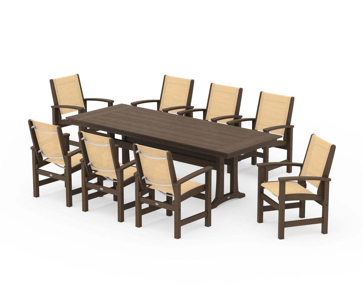 POLYWOOD Coastal 9-Piece Farmhouse Dining Set with Trestle Legs in Kona / Dupioni Apricot