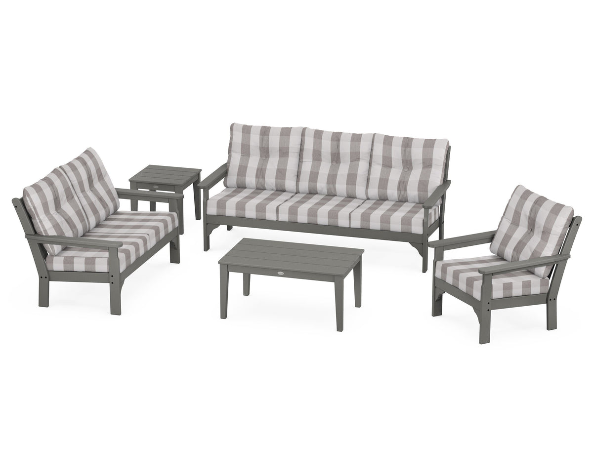 POLYWOOD Vineyard 5-Piece Deep Seating Set with Sofa in Slate Grey / Buffalo Plaid Grey Mist