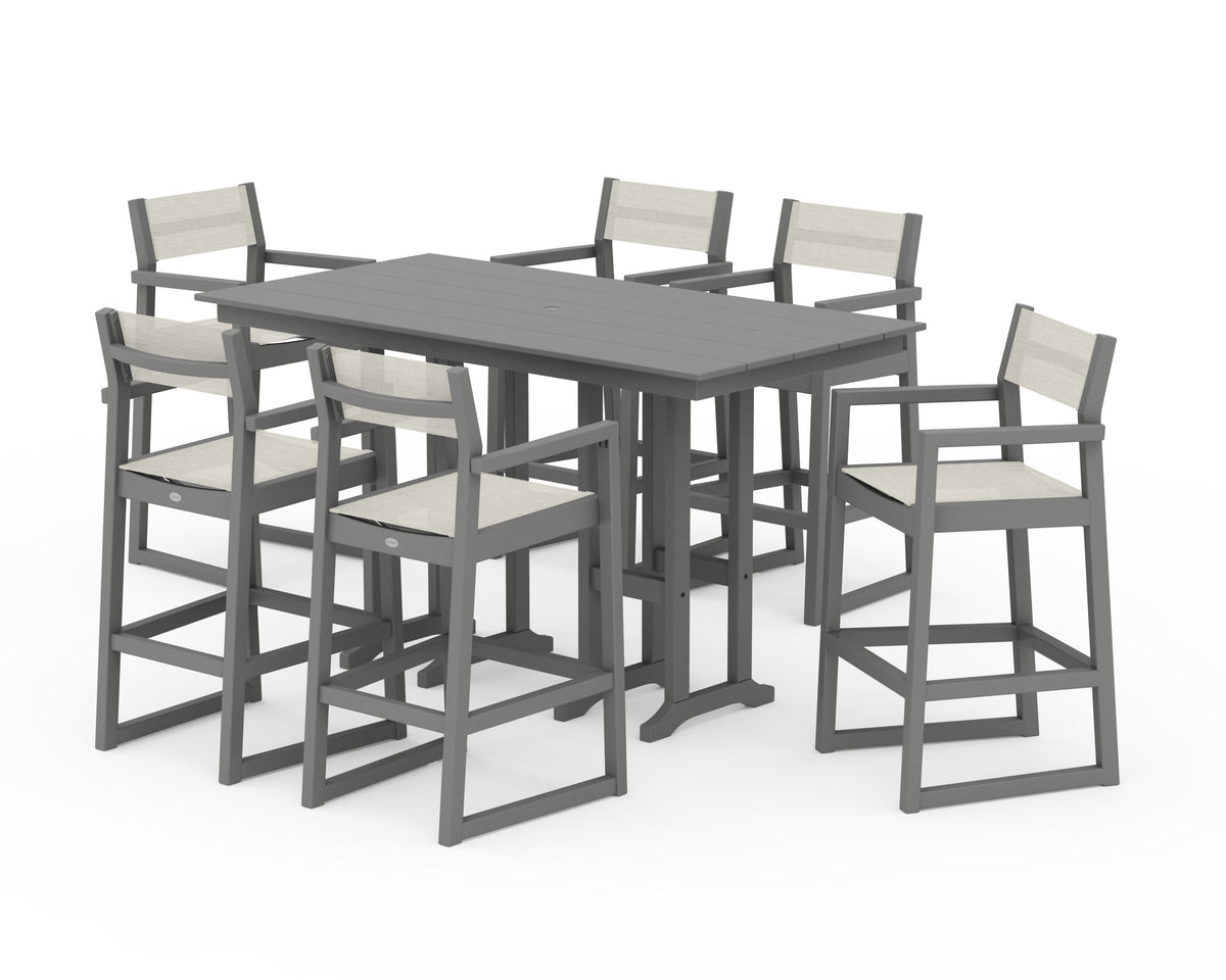 POLYWOOD EDGE Sling Arm Chair 7-Piece Farmhouse Bar Set in Slate Grey / Parchment