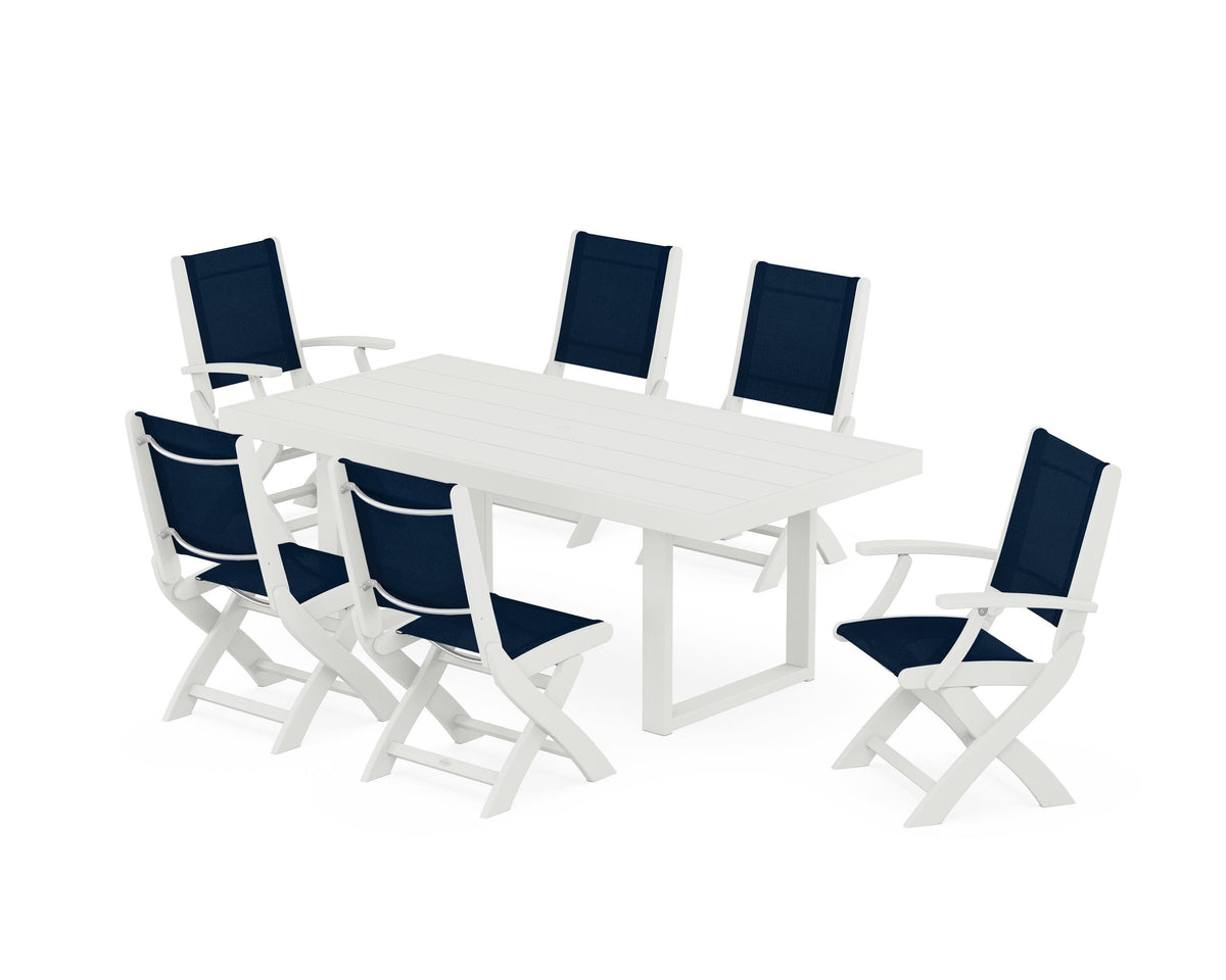 POLYWOOD Coastal Folding Chair 7-Piece Dining Set with Trestle Legs with EDGE 40" x 78" Dining Table in Vintage White / Navy Blue