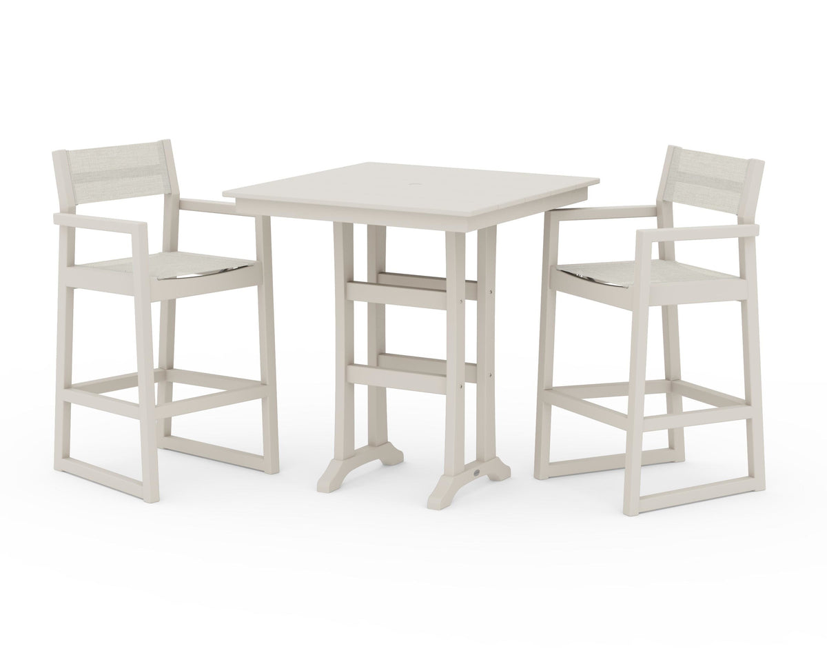 POLYWOOD EDGE Sling Arm Chair 3-Piece Farmhouse Bar Set with Trestle Legs in Sand / Parchment