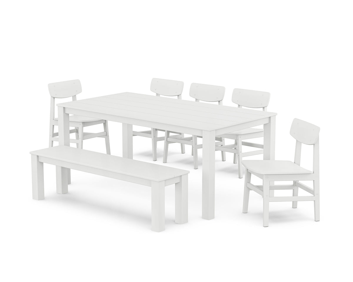 POLYWOOD Modern Studio Urban Chair 7-Piece Parsons Dining Set with Bench in White