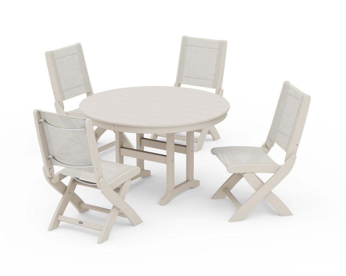 POLYWOOD Coastal Folding Side Chair 5-Piece Round Dining Set in Sand / Parchment