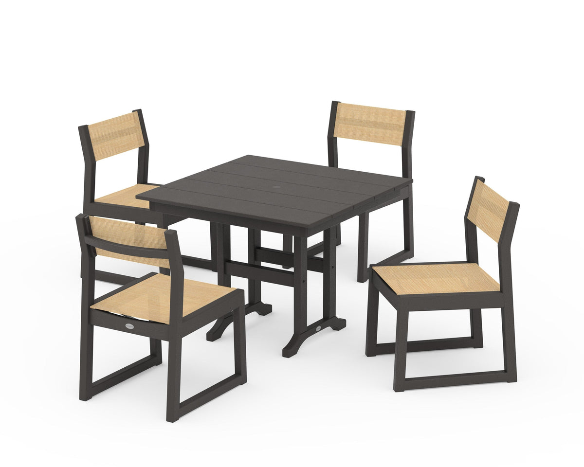 POLYWOOD EDGE Sling Side Chair 5-Piece Farmhouse Dining Set in Vintage Coffee / Dupioni Apricot