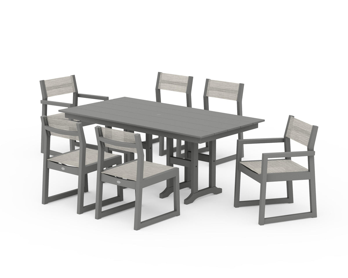 POLYWOOD EDGE Sling 7-Piece Farmhouse Dining Set in Slate Grey / Birch