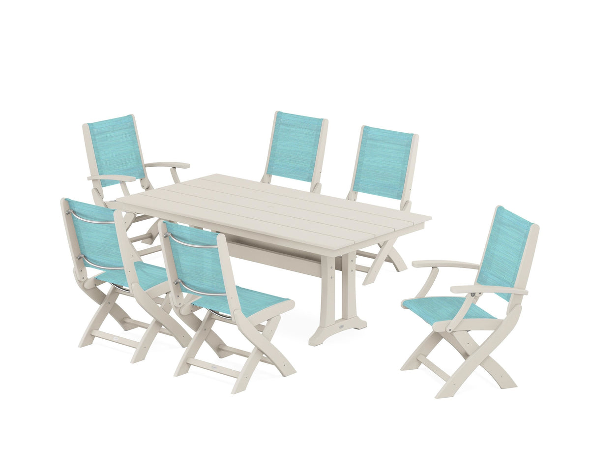 POLYWOOD Coastal Folding Chair 7-Piece Farmhouse Dining Set with Trestle Legs in Sand / Dupioni Aquamarine