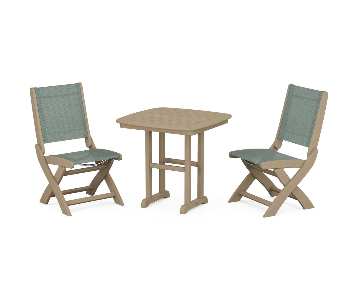 POLYWOOD Coastal Folding Side Chair 3-Piece Dining Set in Vintage Sahara / Dupioni Sea Mist