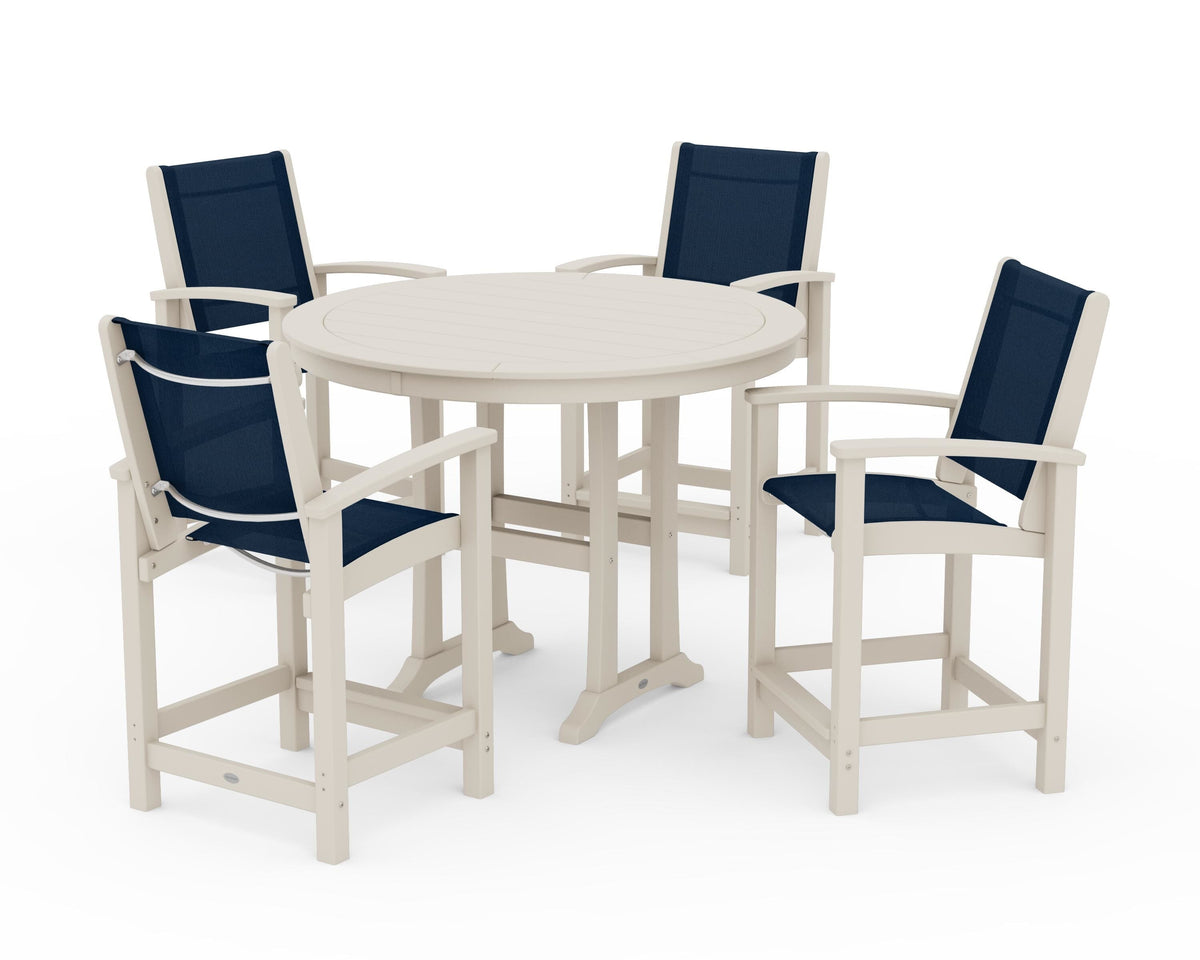 POLYWOOD Coastal 5-Piece Counter Set in Sand / Navy Blue