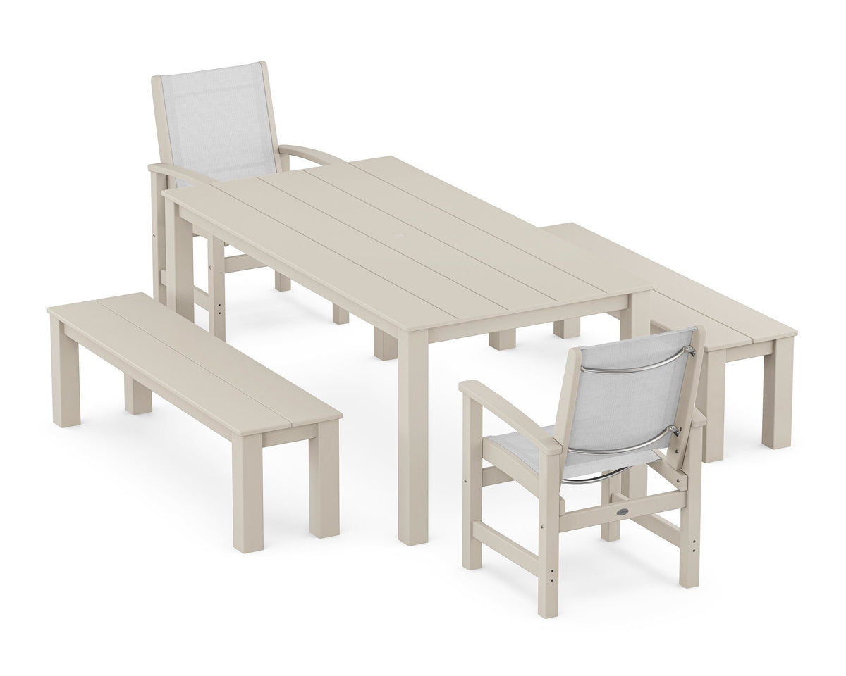 POLYWOOD Coastal 5-Piece Parsons Dining Set with Benches in Sand / White
