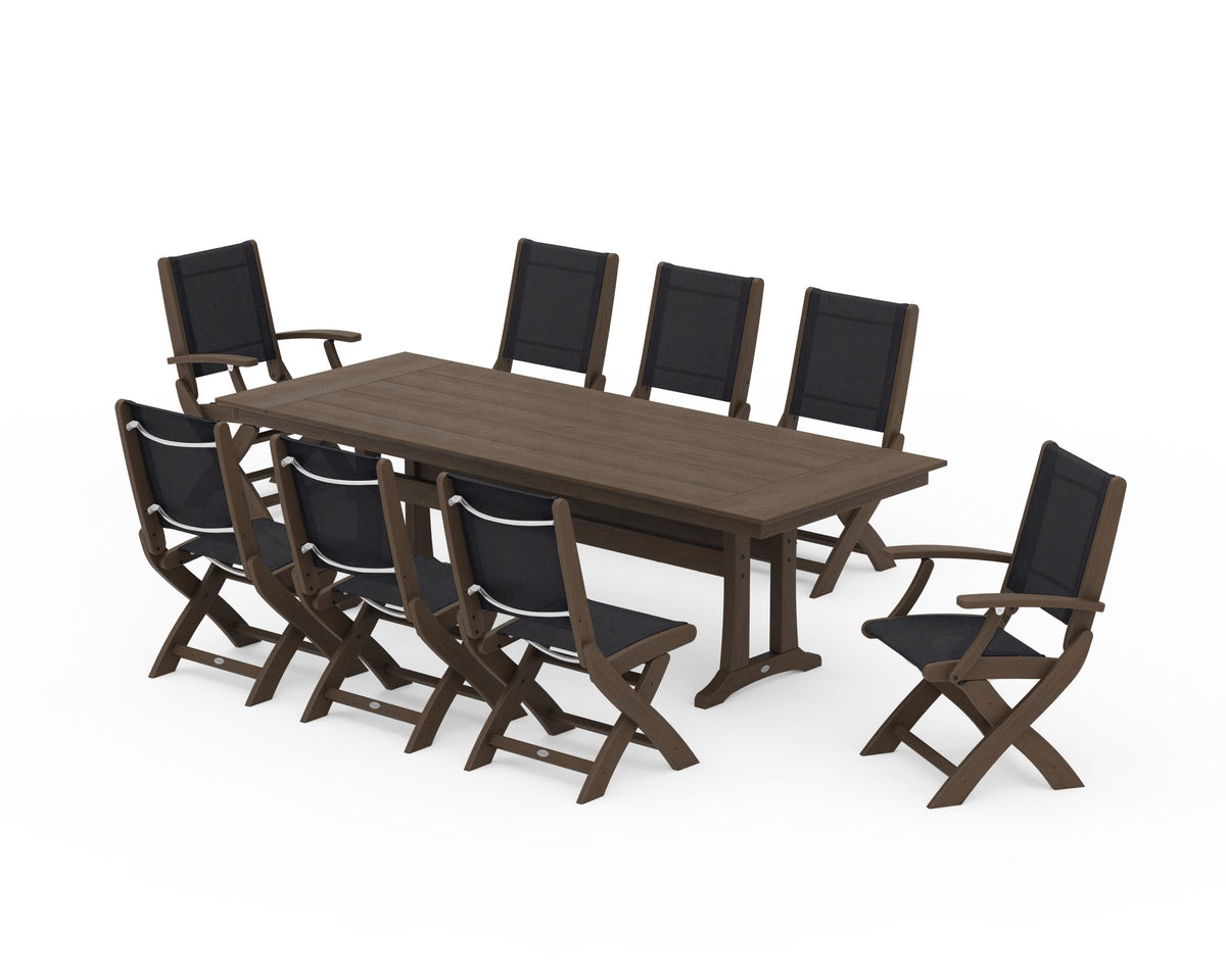 POLYWOOD Coastal 9-Piece Folding Dining Chair Farmhouse Dining Set with Trestle Legs in Kona / Black