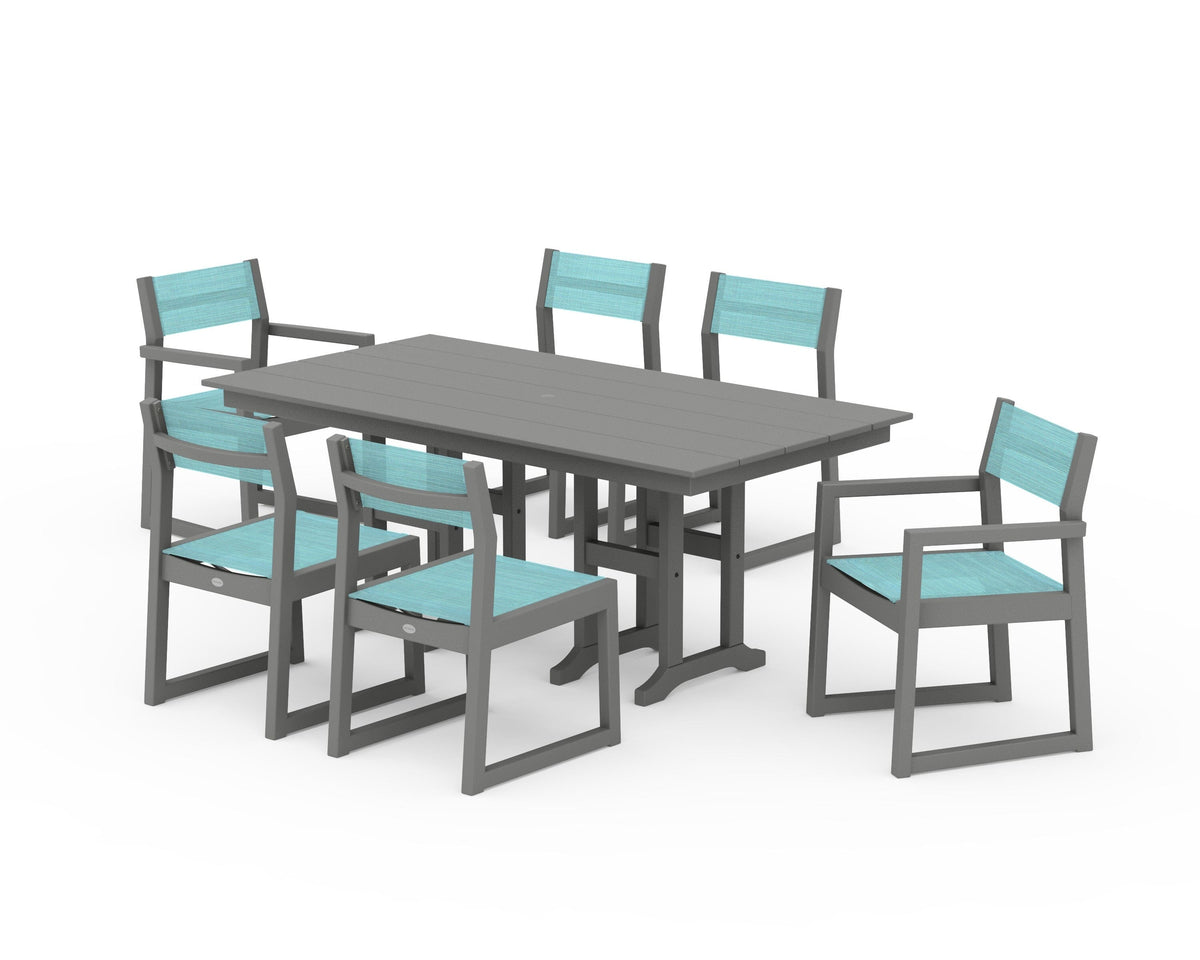 POLYWOOD EDGE Sling 7-Piece Farmhouse Dining Set in Slate Grey / Dupioni Aquamarine