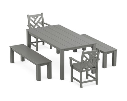 POLYWOOD Chippendale 5-Piece Parsons Dining Set with Benches in Slate Grey