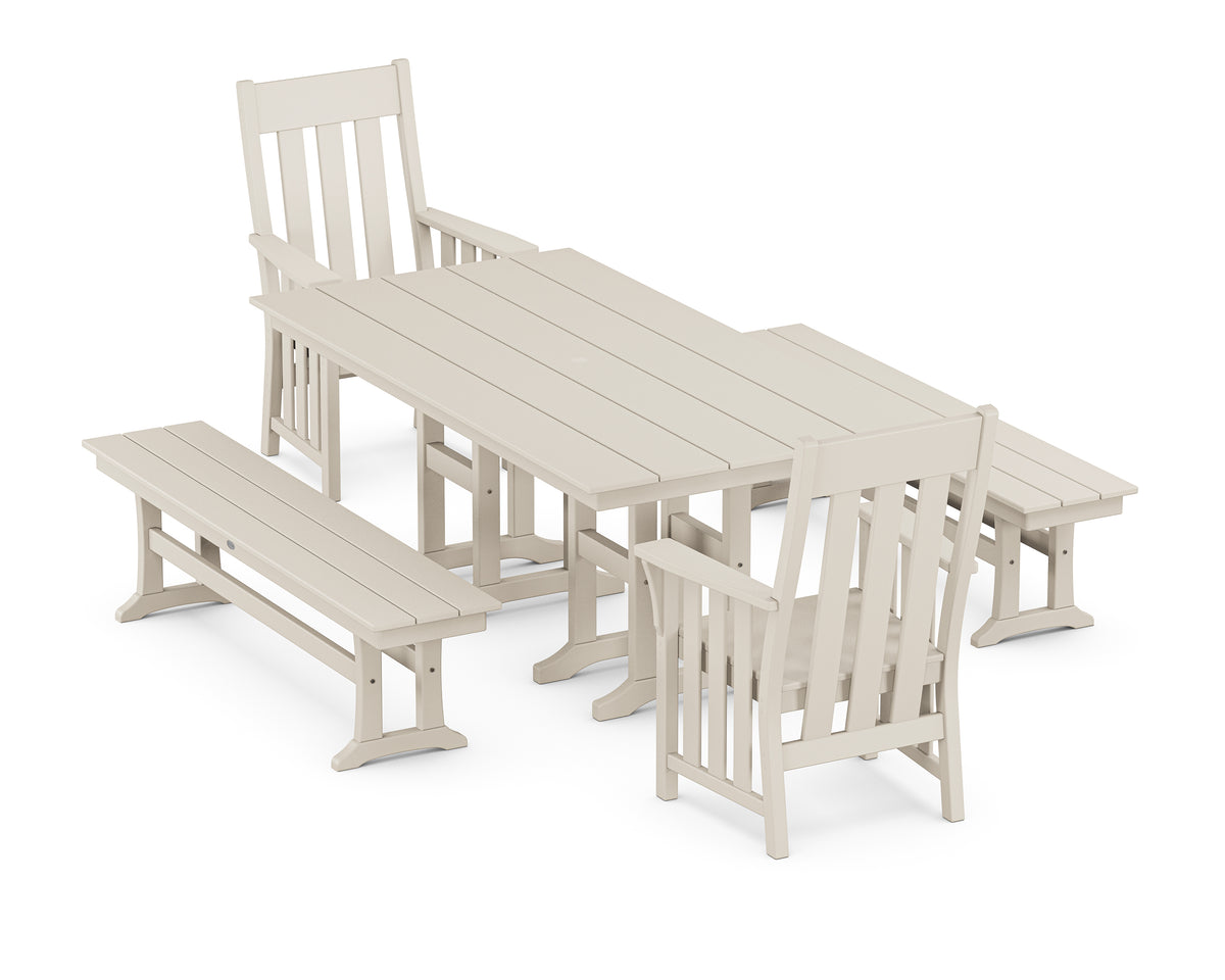 POLYWOOD Acadia 5-Piece Farmhouse Dining Set with Benches in Sand