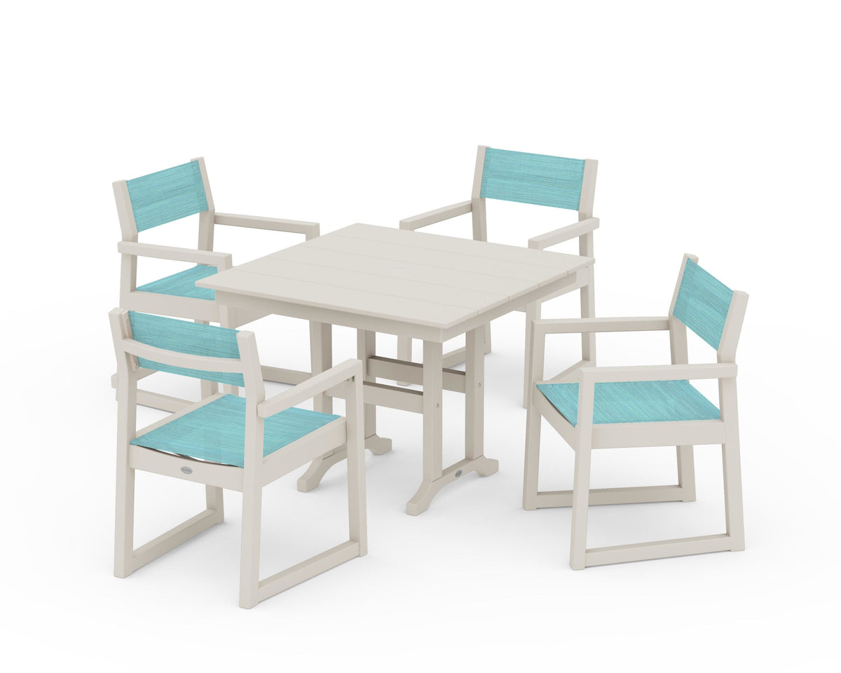 POLYWOOD EDGE Sling Arm Chair 5-Piece Farmhouse Dining Set in Sand / Dupioni Aquamarine