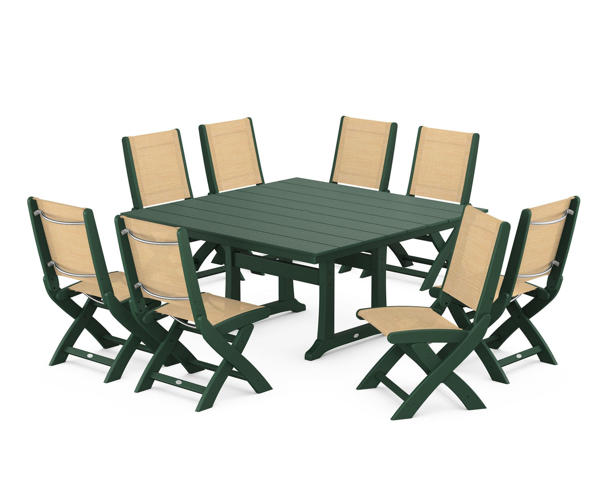 POLYWOOD Coastal Folding Side Chair 9-Piece Farmhouse Dining Set in Green / Dupioni Apricot