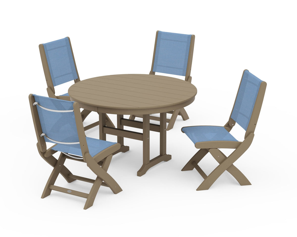 POLYWOOD Coastal Folding Side Chair 5-Piece Round Dining Set in Vintage Sahara / Poolside