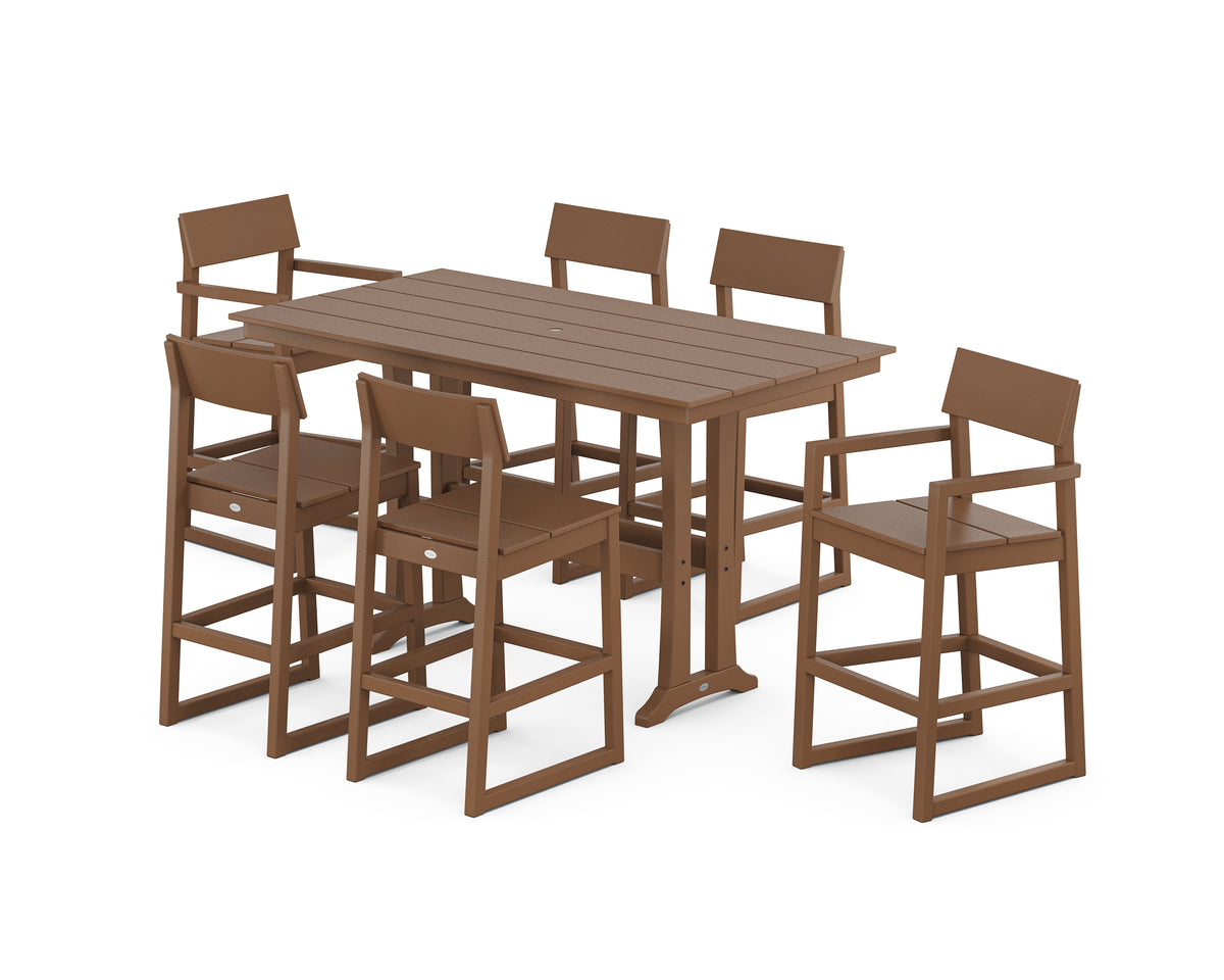 POLYWOOD EDGE 7-Piece Farmhouse Bar Set with Trestle Legs in Teak