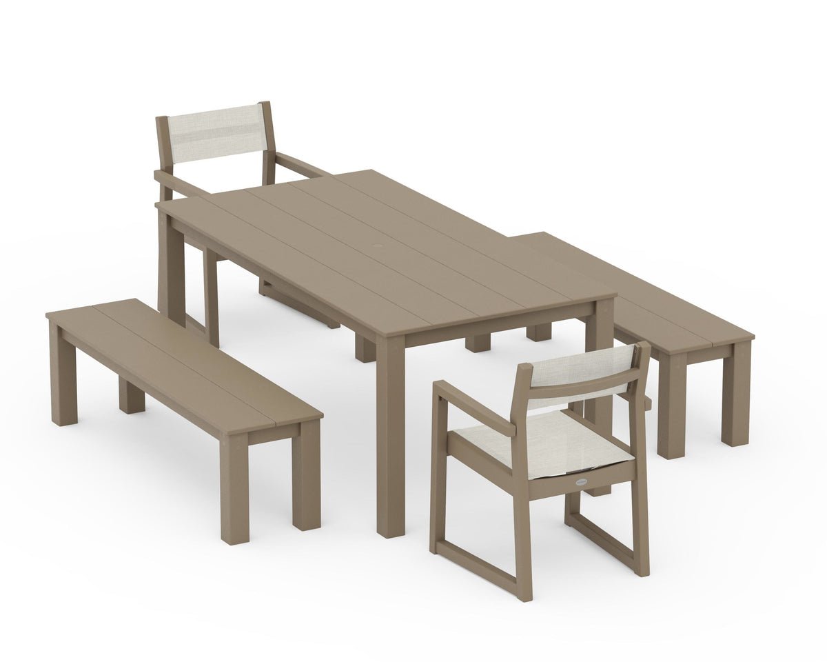 POLYWOOD EDGE Sling Arm Chair 5-Piece Parsons Dining Set with Benches in Vintage Sahara / Parchment