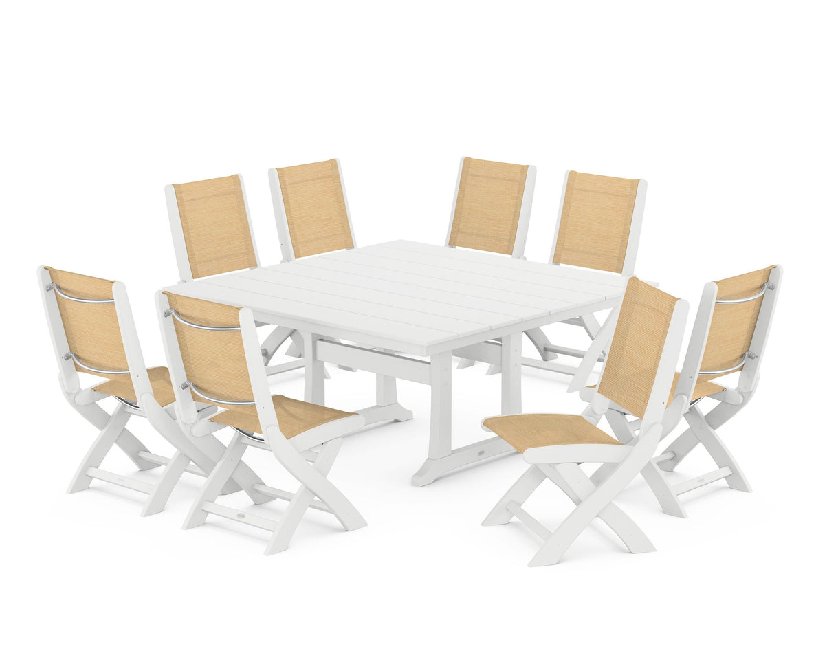 POLYWOOD Coastal Folding Side Chair 9-Piece Farmhouse Dining Set in White / Dupioni Apricot