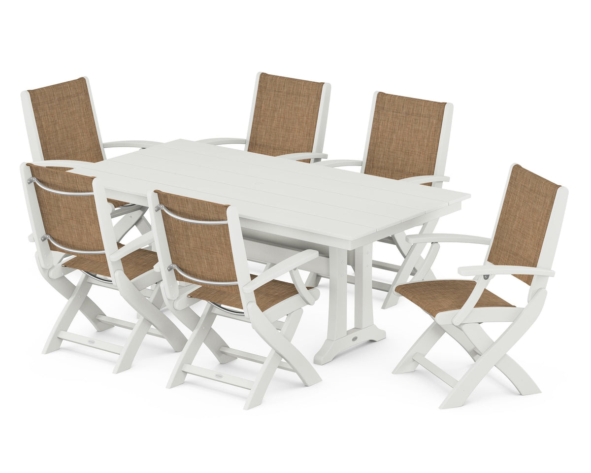POLYWOOD Coastal Folding Arm Chair 7-Piece Farmhouse Dining Set with Trestle Legs in Vintage White / Burlap
