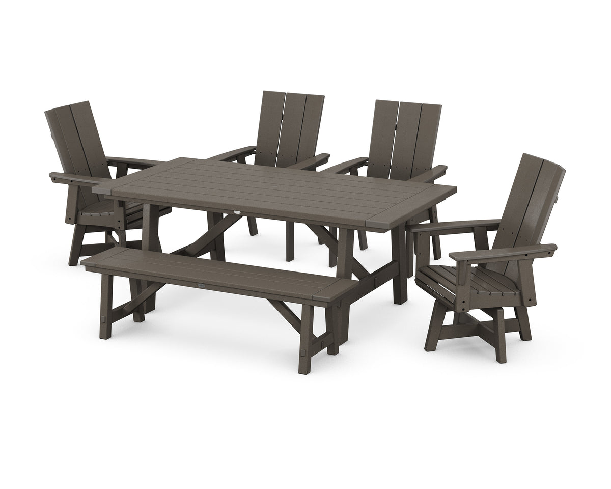 POLYWOOD Modern Curveback Adirondack Swivel Chair 6-Piece Rustic Farmhouse Dining Set with Bench in Vintage Coffee