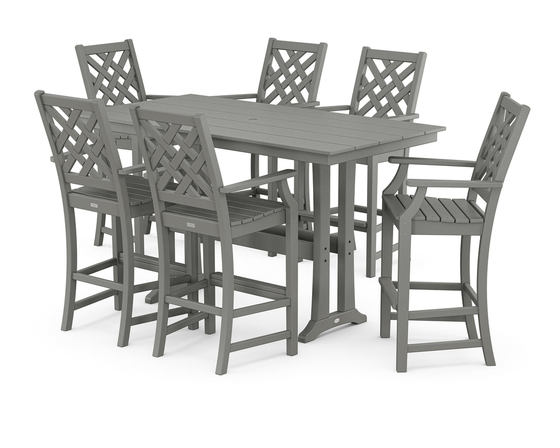 POLYWOOD Country Living Wovendale Arm Chair 7-Piece Farmhouse Bar Set with Trestle Legs in Slate Grey