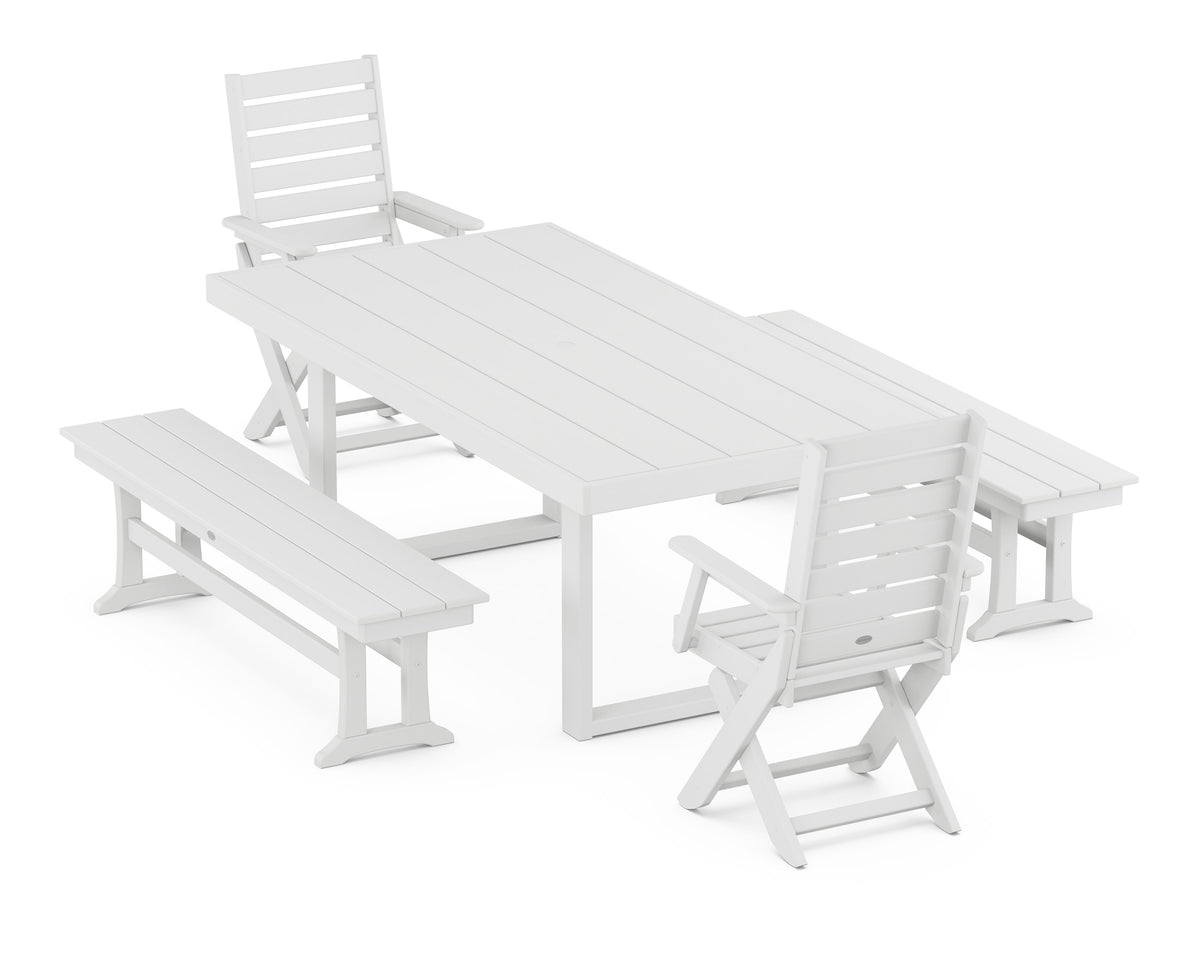 POLYWOOD Captain Folding Chair 5-Piece Dining Set with Benches - 39" x 78" Table in White