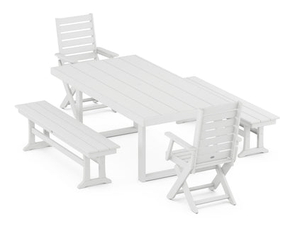 POLYWOOD Captain Folding Chair 5-Piece Dining Set with Benches - 39" x 78" Table in White