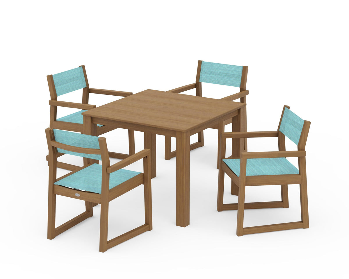 POLYWOOD EDGE Sling Arm Chair 5-Piece Parsons Dining Set in Natural / Dupioni Aquamarine