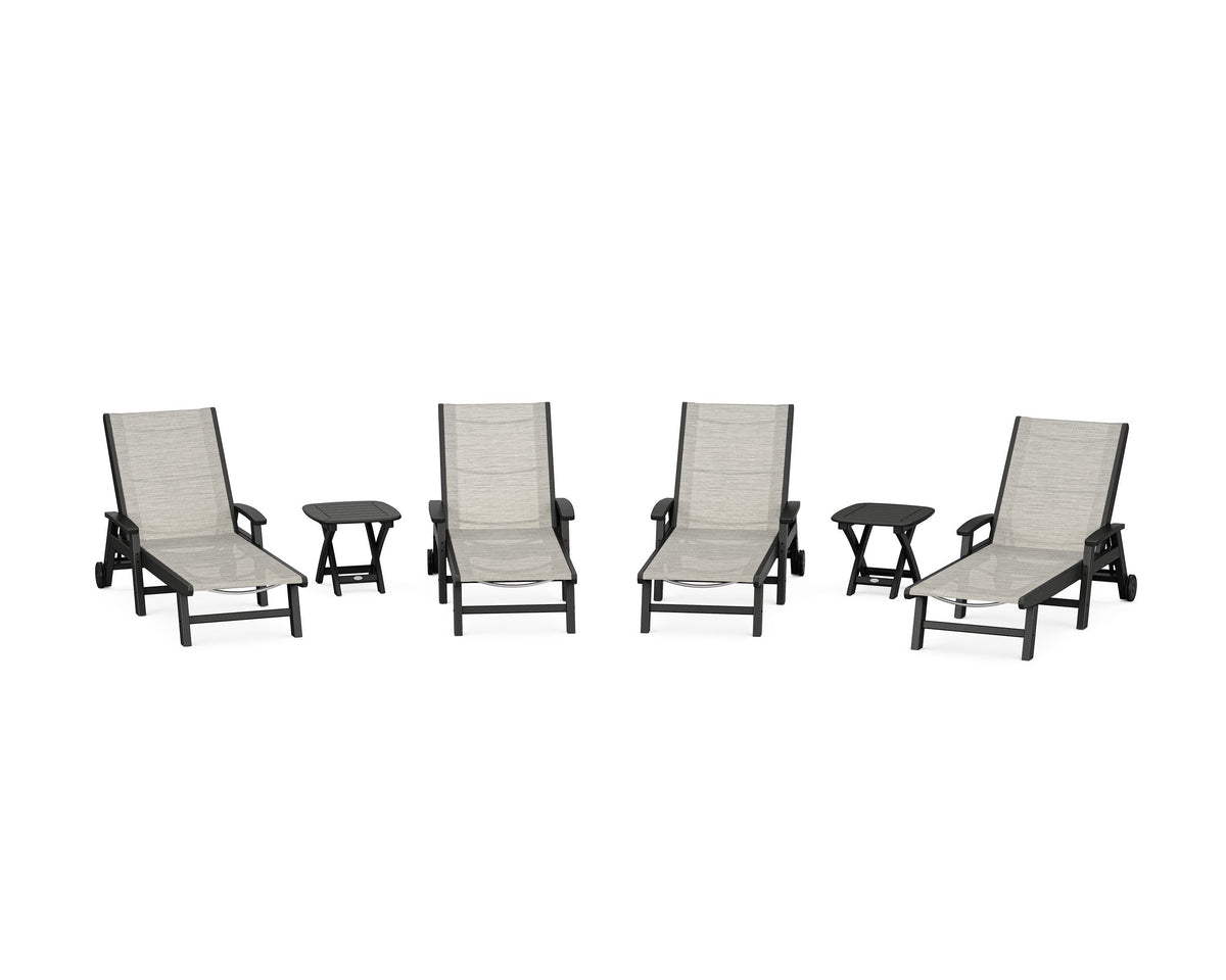 POLYWOOD Coastal Chaise 6-Piece Set with Wheels in Black / Birch