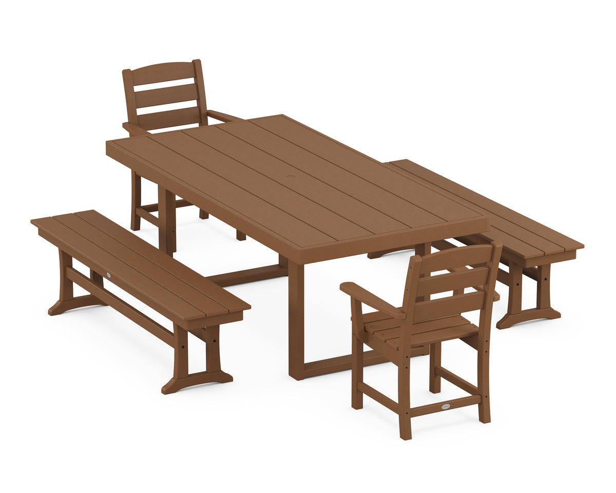 POLYWOOD Lakeside 5-Piece Dining Set with Benches in Teak